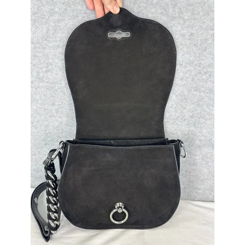 Rebecca Minkoff Large Jean Saddle Bag Black Suede BOHO Western Silver Accents